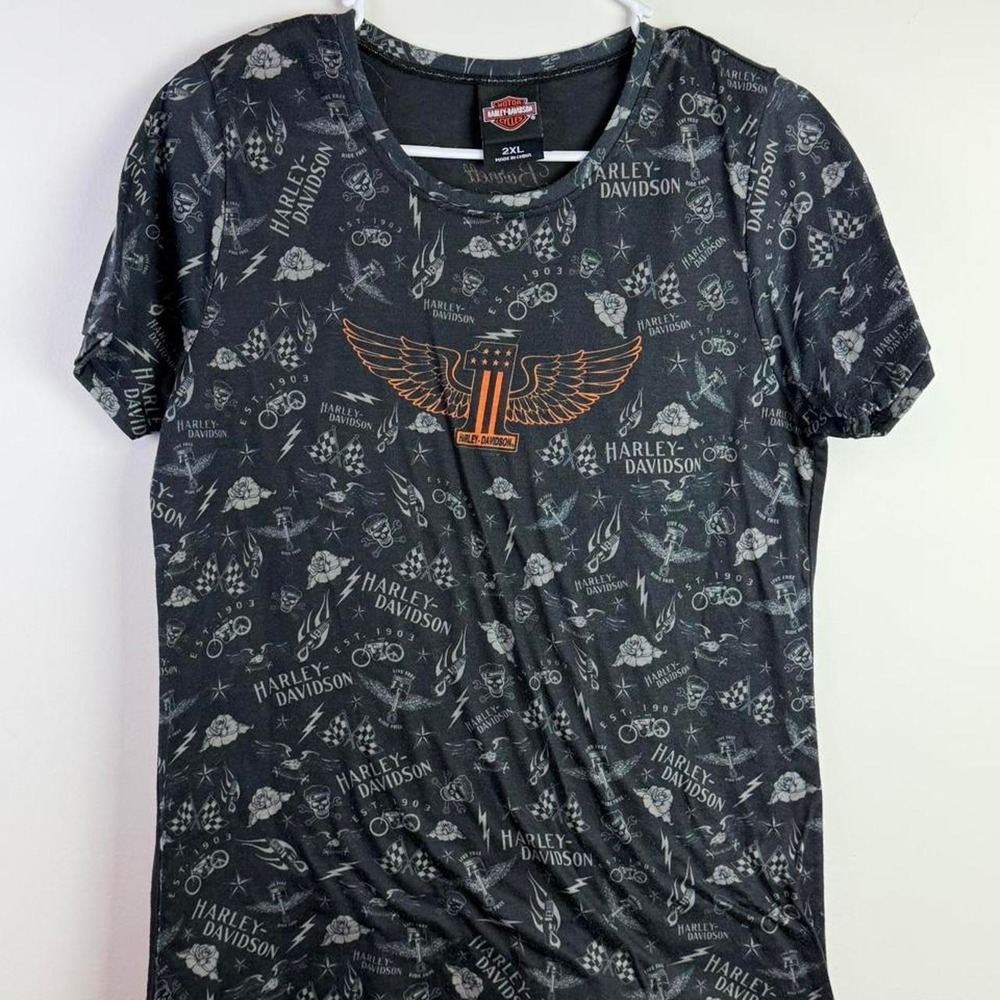 Harley-Davidson Black Gray Motorcycle Graphic T-Shirt Orange Logo Size XXL